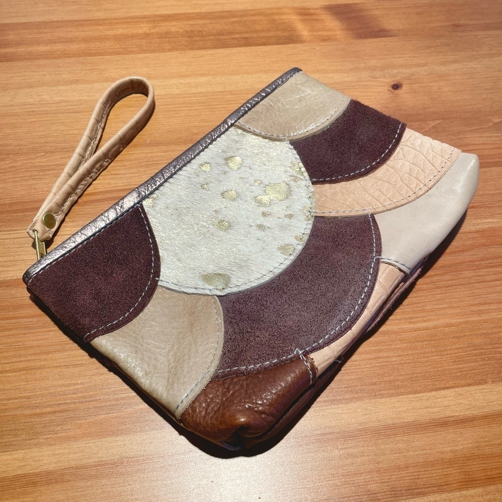 VTG Handmade Leather Pouch Bag Wristlet Calf Hair Zip Top Patchwork Worn-In Tan